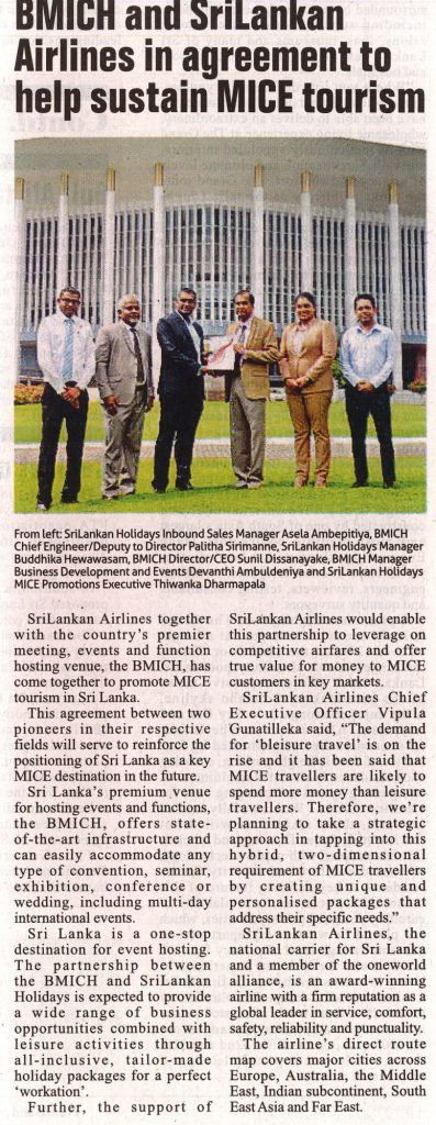 BMICH and Sri Lankan Airlines in agreement to help sustain MICE tourism ...